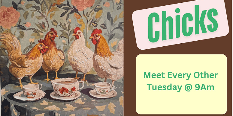 Hens gathered around teacups beside meeting text