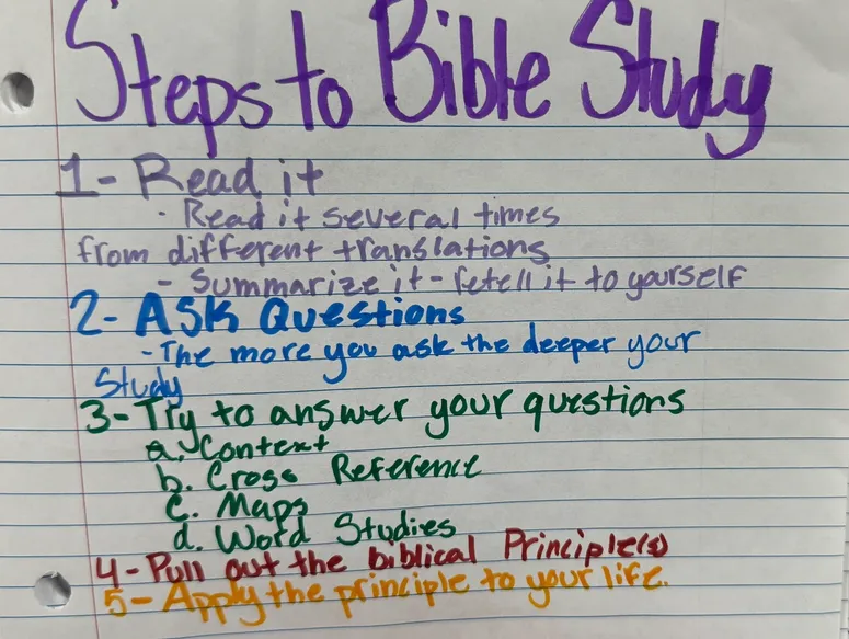 Handwritten Bible study instructions on paper